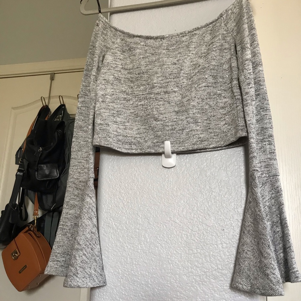 Glittery cropped off the shoulder bell sleeve top